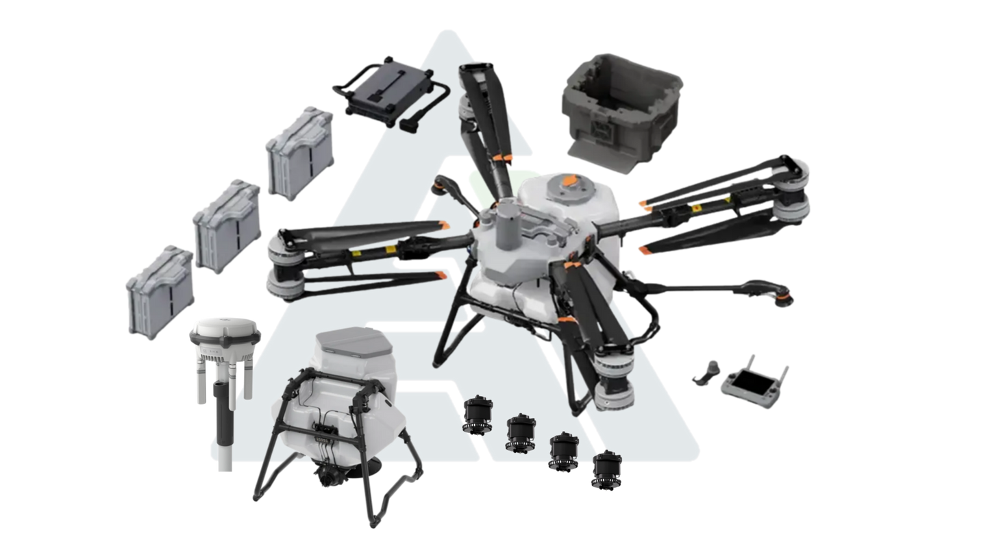 Drone kit with various parts on a white background