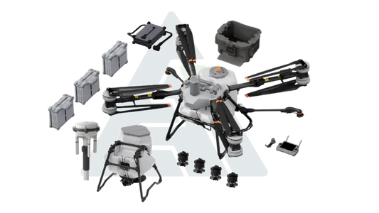 Drone kit with various parts on a white background